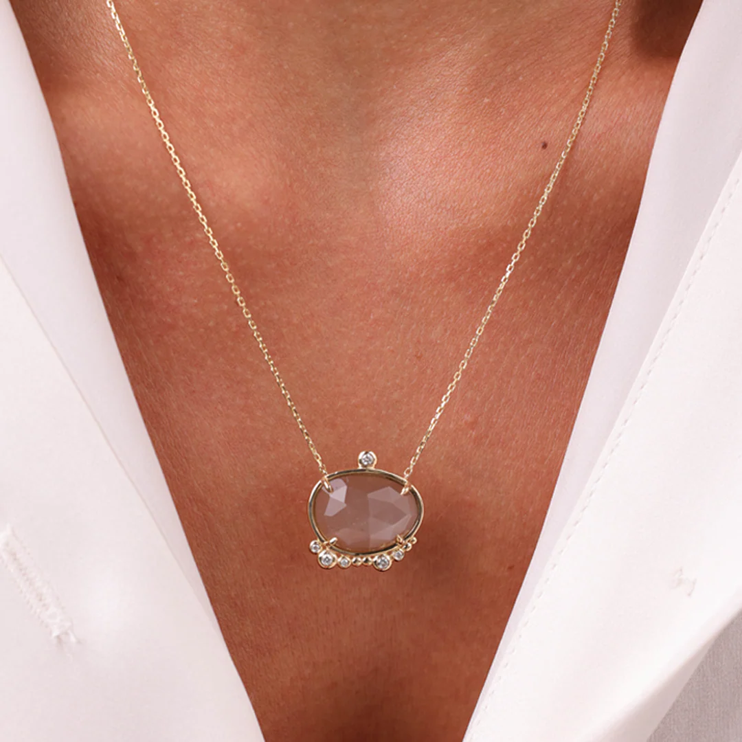 14K Gold almost round Moonstone Necklace with Diamonds - Image 4