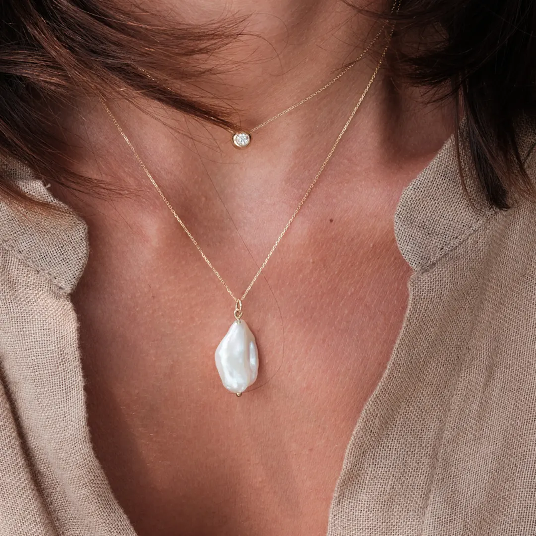 14K Gold Baroque Pearl Drop Necklace - Image 2