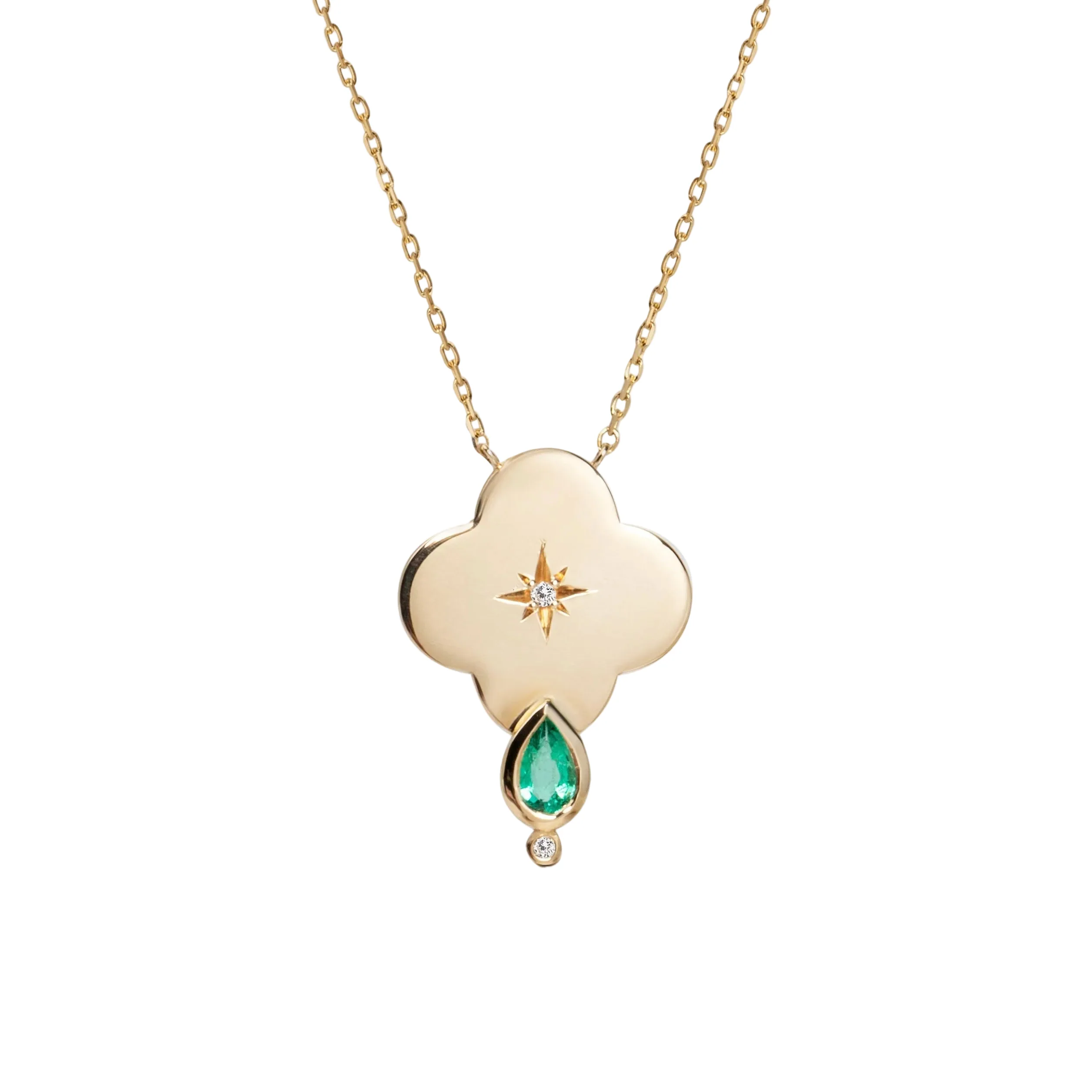 14K Gold Big Flower Diamond Star Necklace with Emerald
