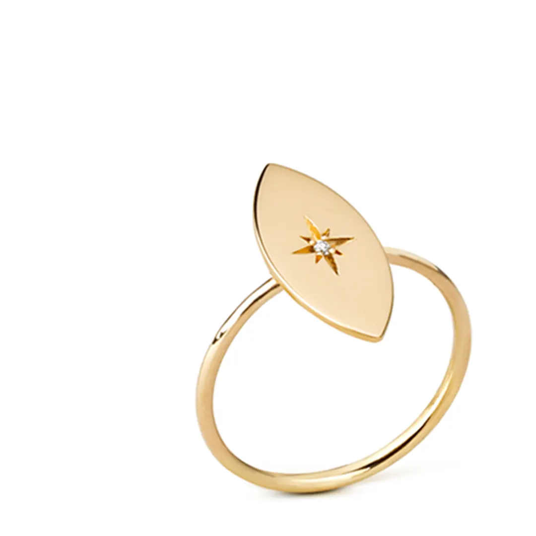 14K Gold Big Navette Diamond Star Ring