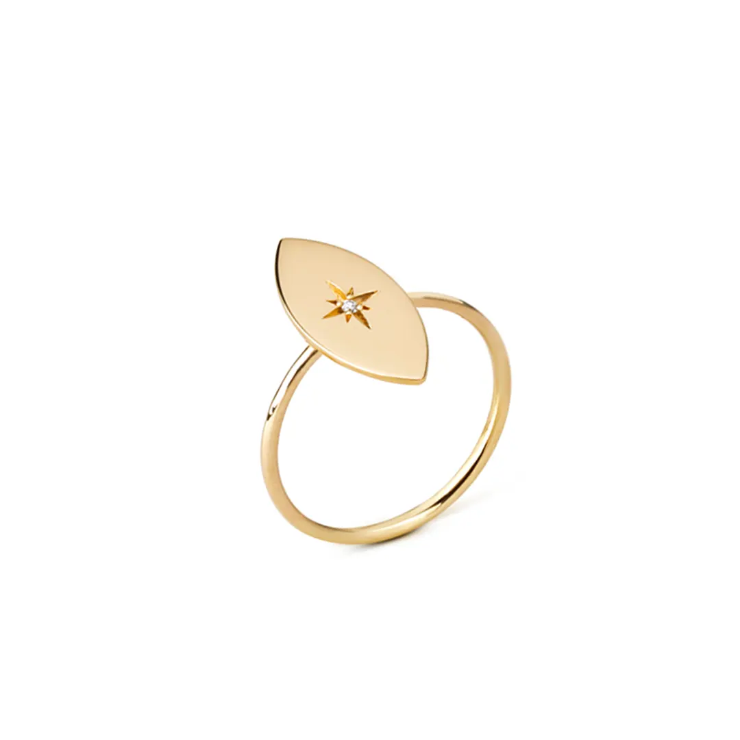 14K Gold Big Navette Diamond Star Ring - Image 2