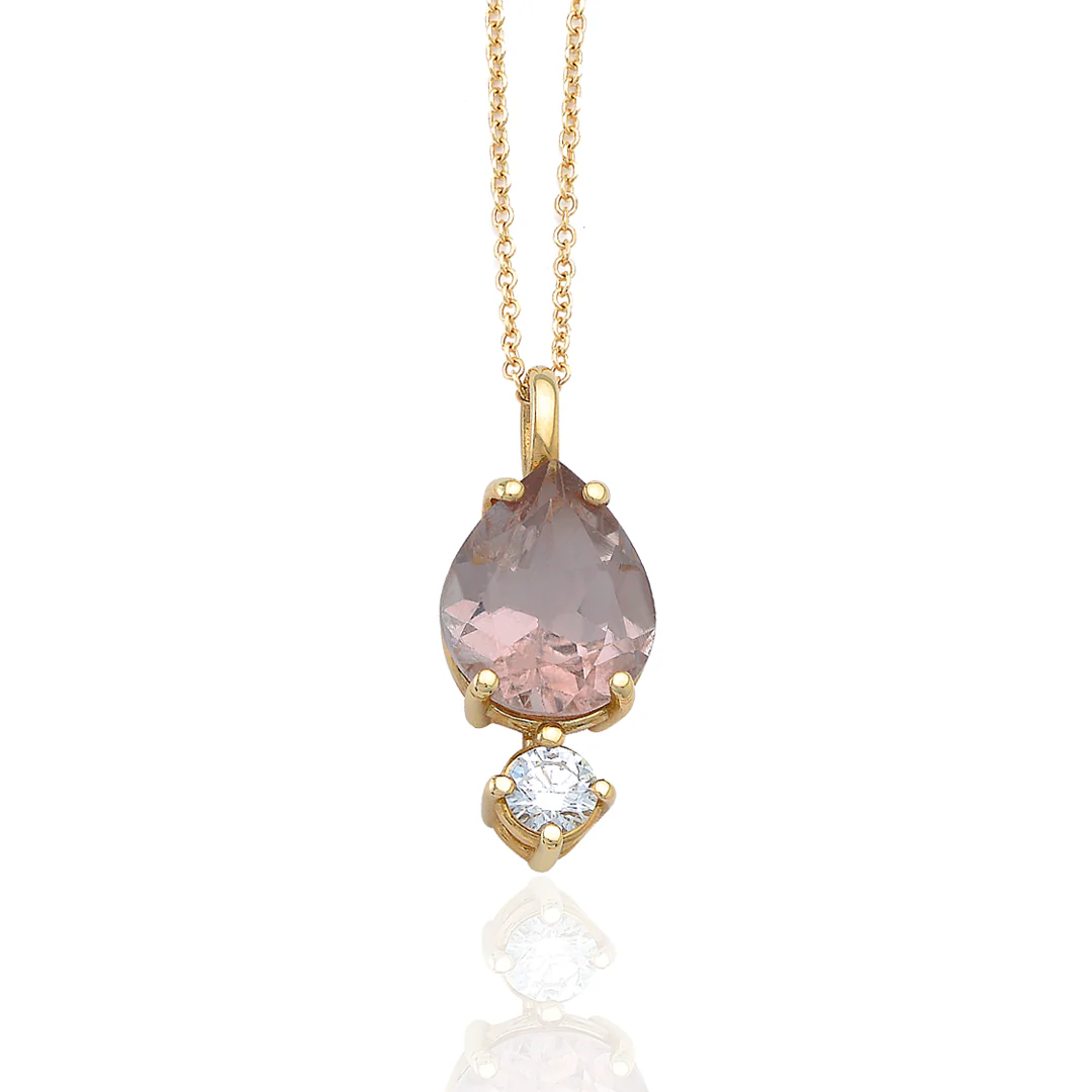 14K Gold Big Pear Shaped Pink Tourmaline and Diamond Necklace - Image 2