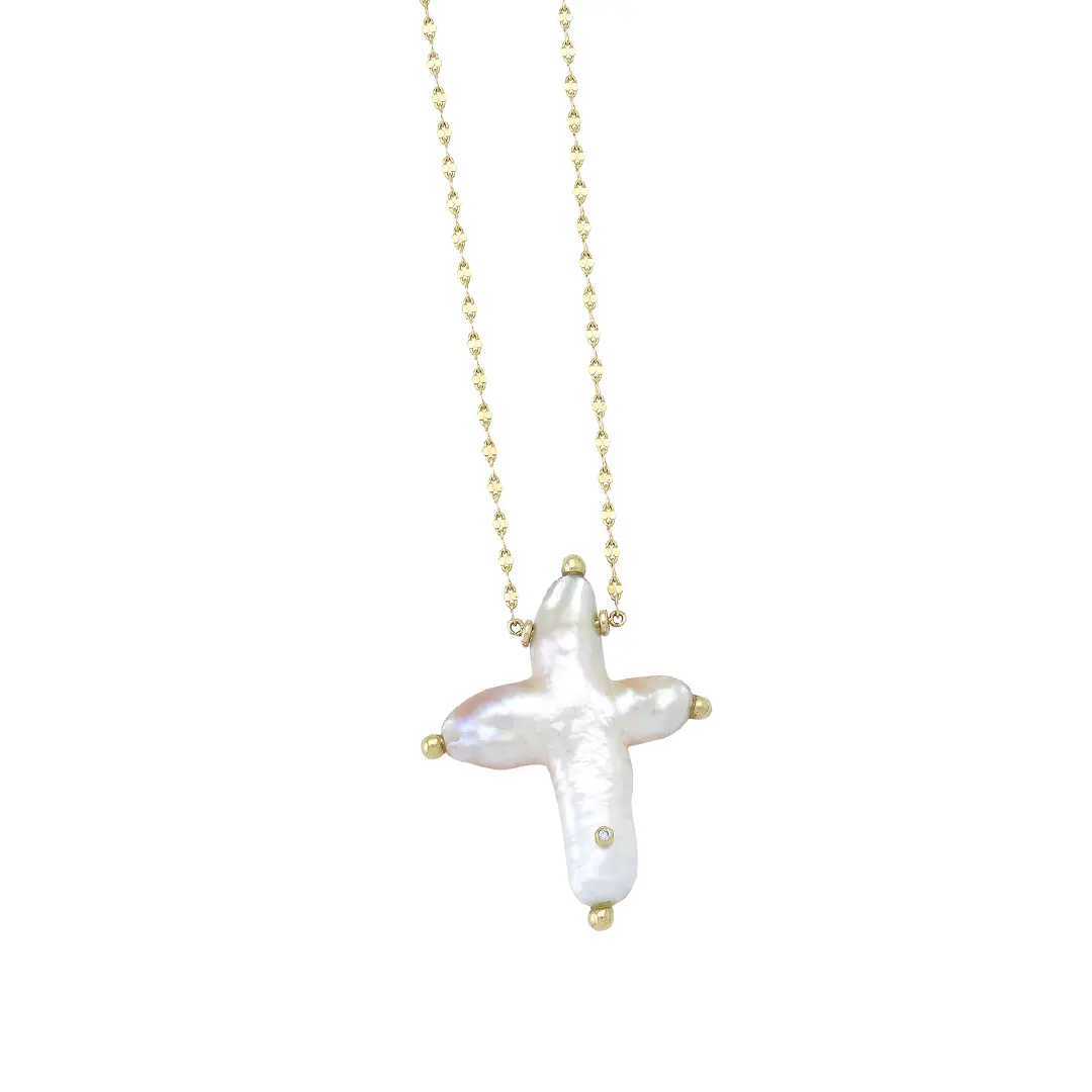 14K Gold, Big Pearl Cross Necklace - Image 2