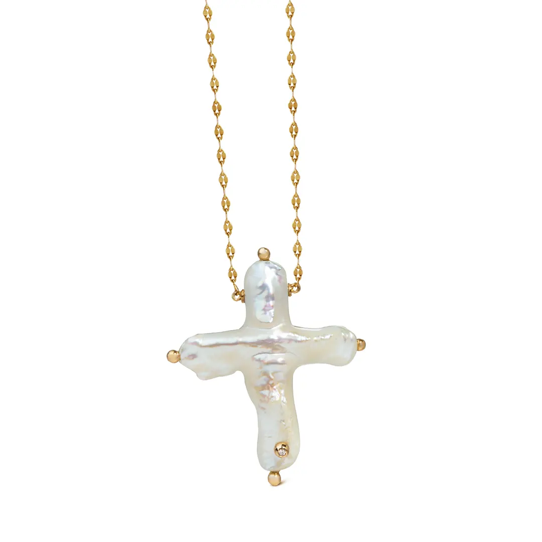 14K Gold, Big Pearl Cross Necklace - Image 3