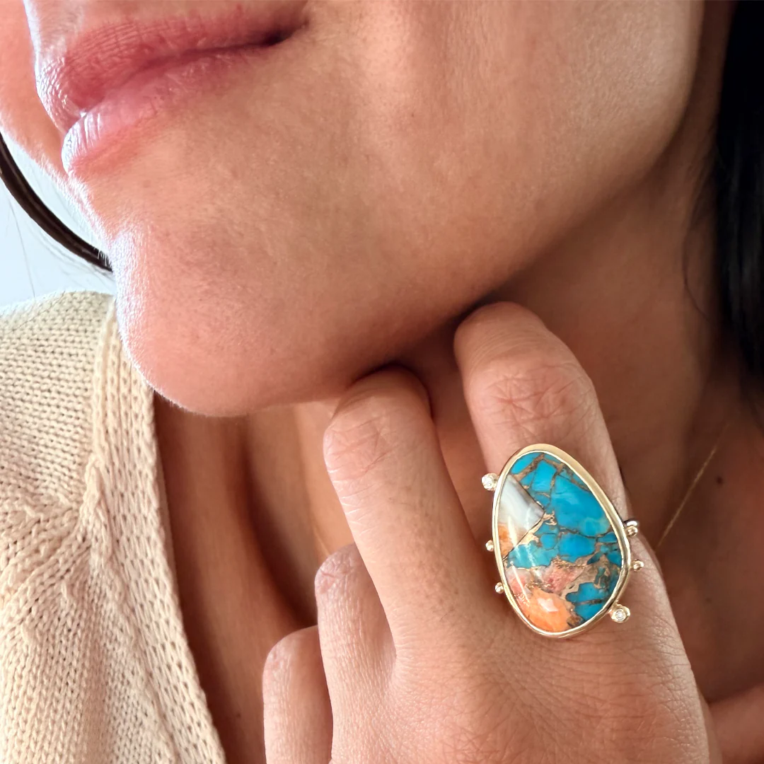 14K Gold Copper Mosaic Turquoise Ring with 2 Diamonds - Image 2