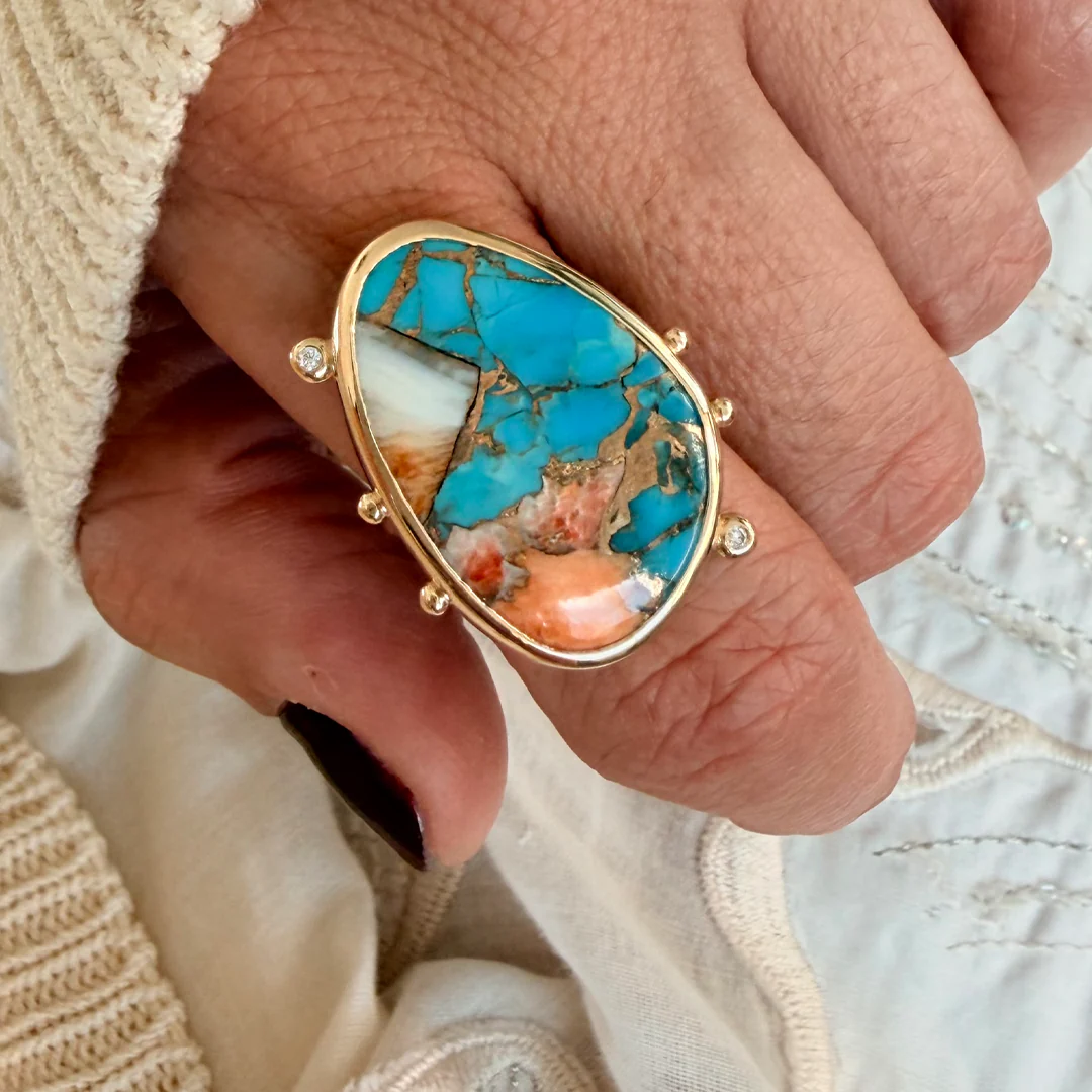 14K Gold Copper Mosaic Turquoise Ring with 2 Diamonds - Image 3