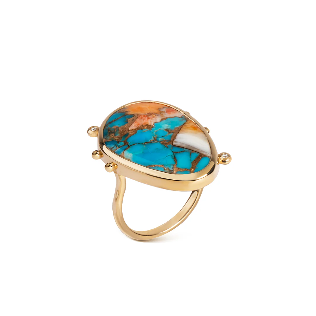 14K Gold Copper Mosaic Turquoise Ring with 2 Diamonds - Image 4