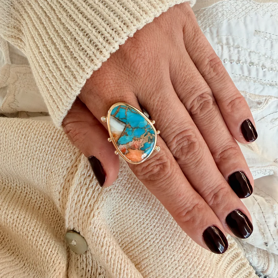 14K Gold Copper Mosaic Turquoise Ring with 2 Diamonds - Image 7
