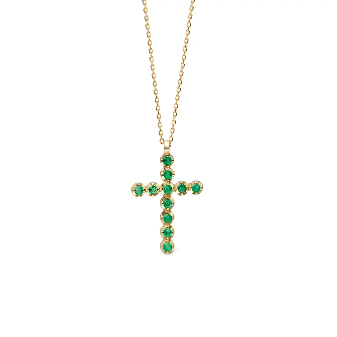 14K Gold Cross necklace with Emeralds