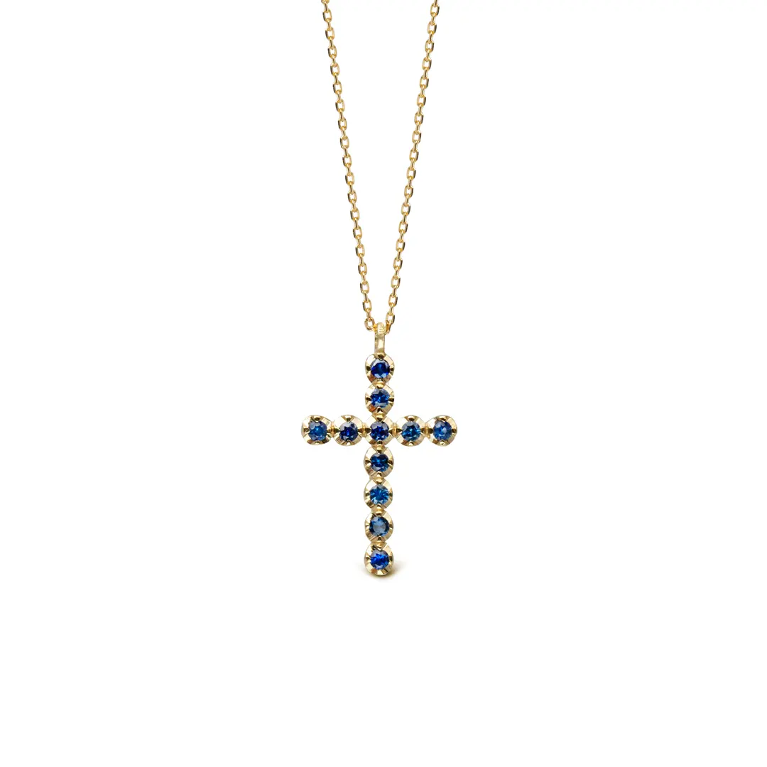 14K Gold Cross necklace with Sapphires