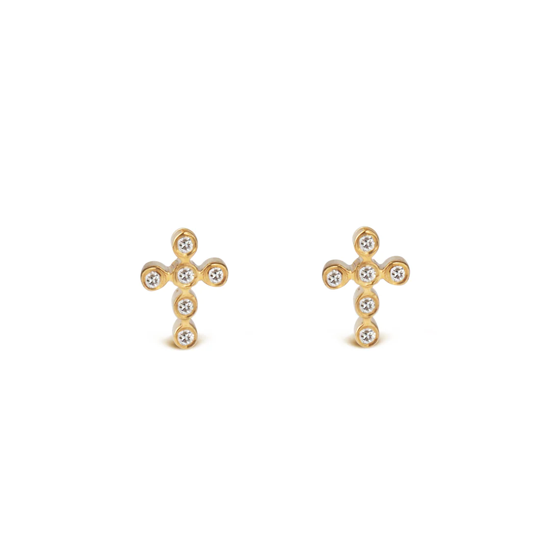14K Gold Cross-Shaped Diamond Stud Earrings