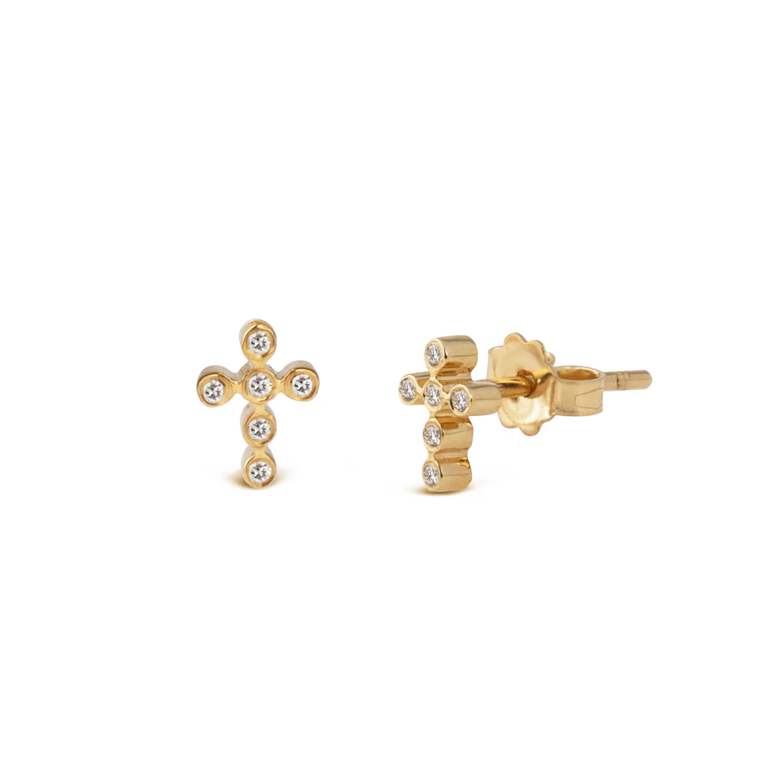 14K Gold Cross-Shaped Diamond Stud Earrings - Image 2