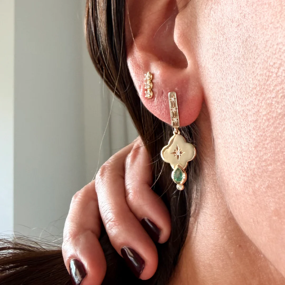 14K Gold  Curved Triangle Earrings with Diamond Star & Emerald - Image 2