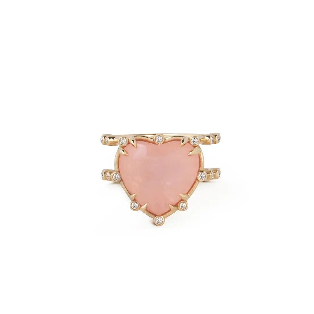 14K Gold Double Band,  Morganite Heart Ring with Diamonds