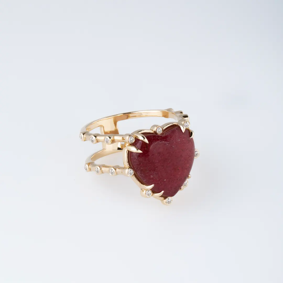 14K Gold Double Band, Strawberry Heart Ring with Diamonds - Image 2