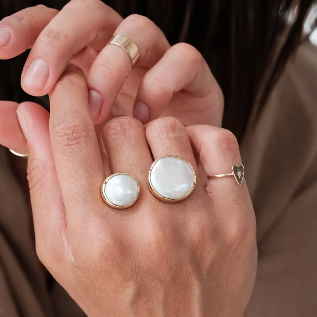 14K Gold, Double Round Big Pearl Ring - Image 3