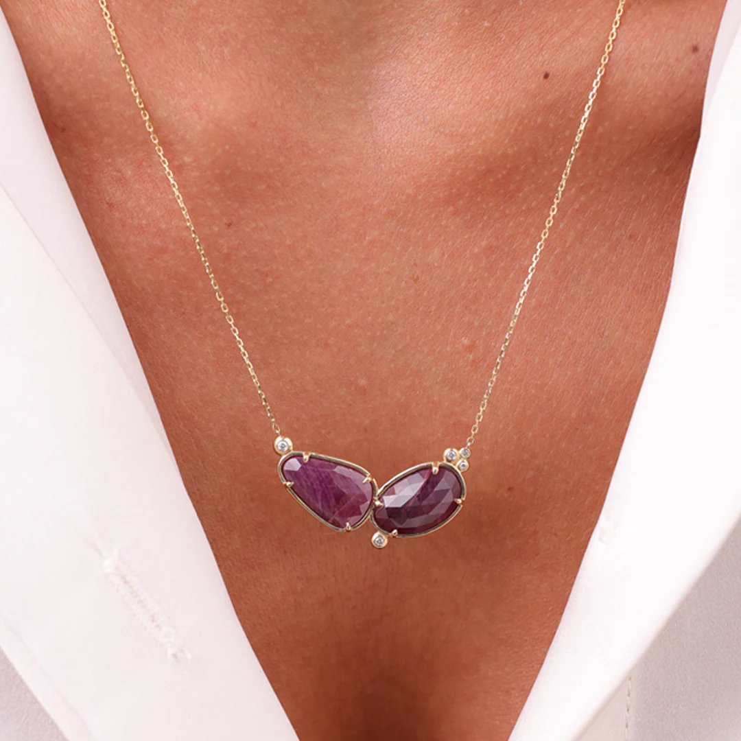 14K Gold Double Ruby Necklace with 5 diamonds - Image 3