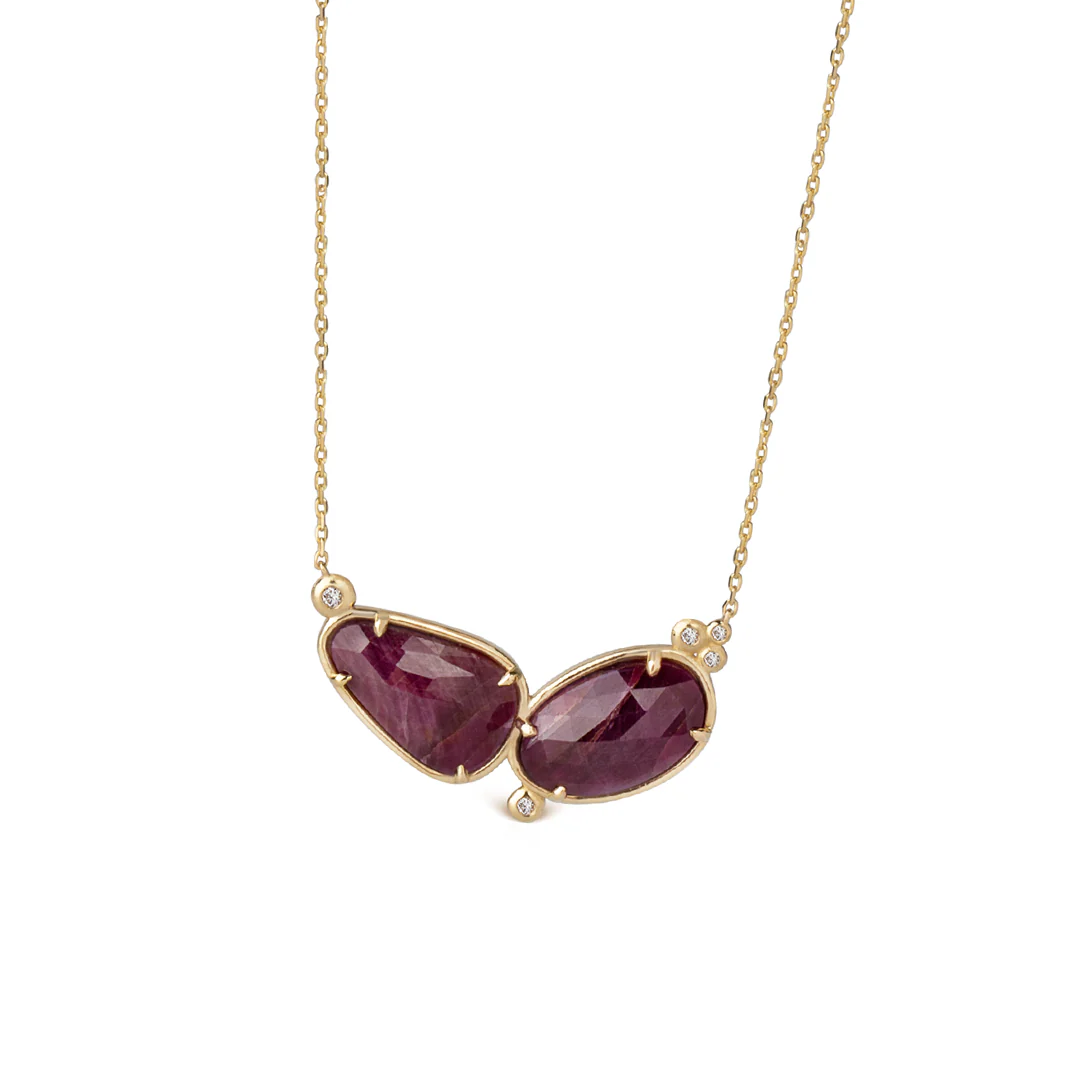 14K Gold Double Ruby Necklace with 5 diamonds - Image 4