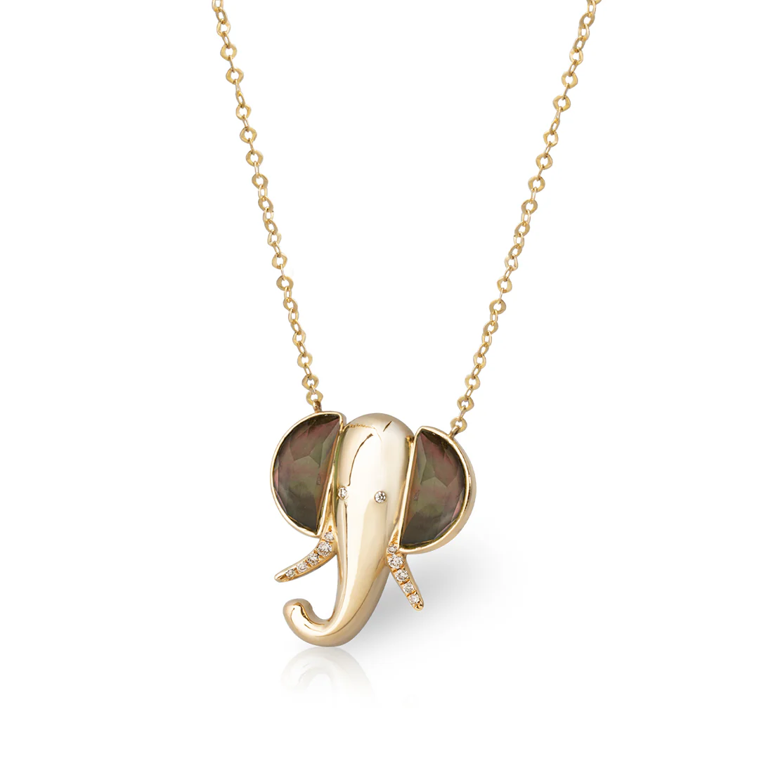 14K Gold Elephant Necklace with Grey Mother of Pearl and Diamonds - Image 2