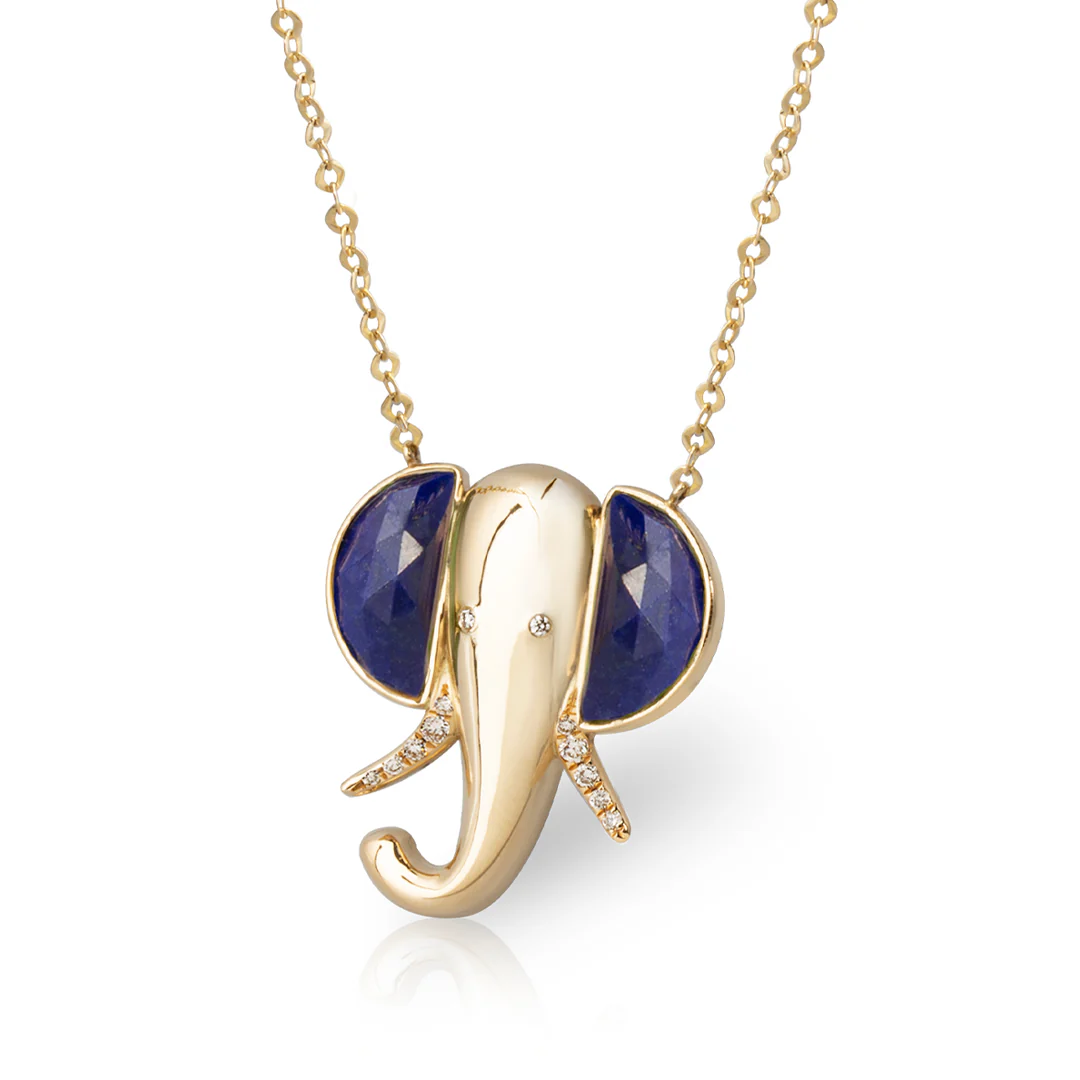 14K Gold Elephant Necklace with Lapis Lazuli and Diamonds