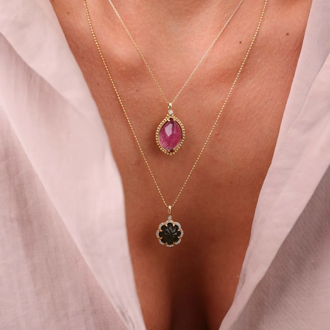 14K Gold Flower Necklace with carved Green Tourmaline and Diamonds - Image 4