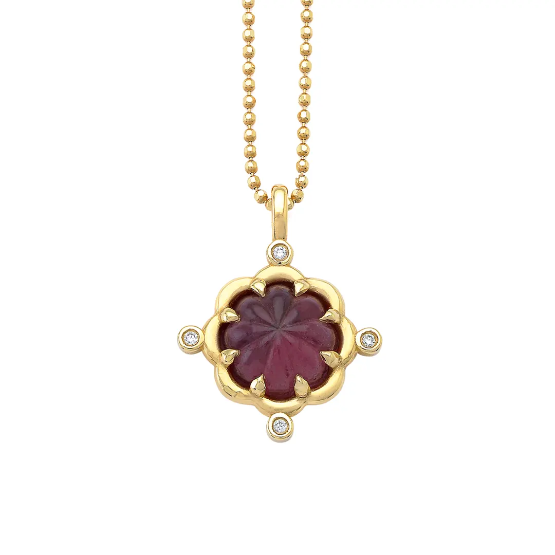 14K Gold Flower Necklace with Pink Tourmaline and Diamonds