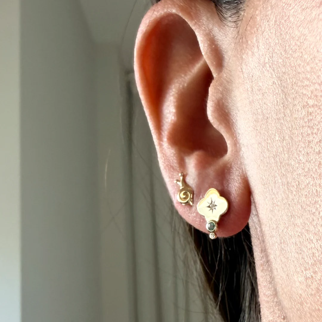 14K Gold Flower Stud Earrings with Diamonds & Emerald - Image 2