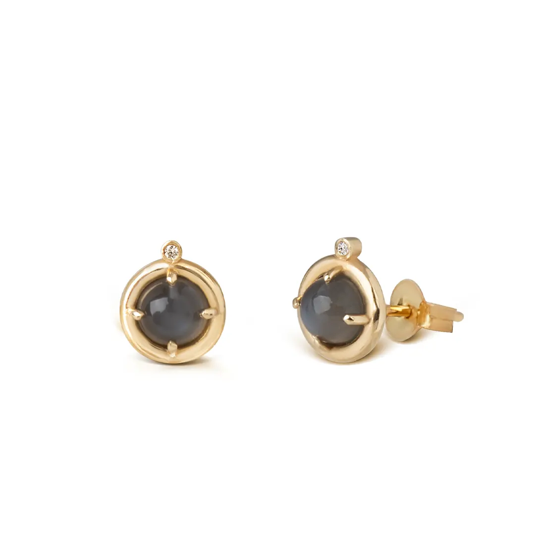 14K Gold Grey Moonstone Earrings with Diamond
