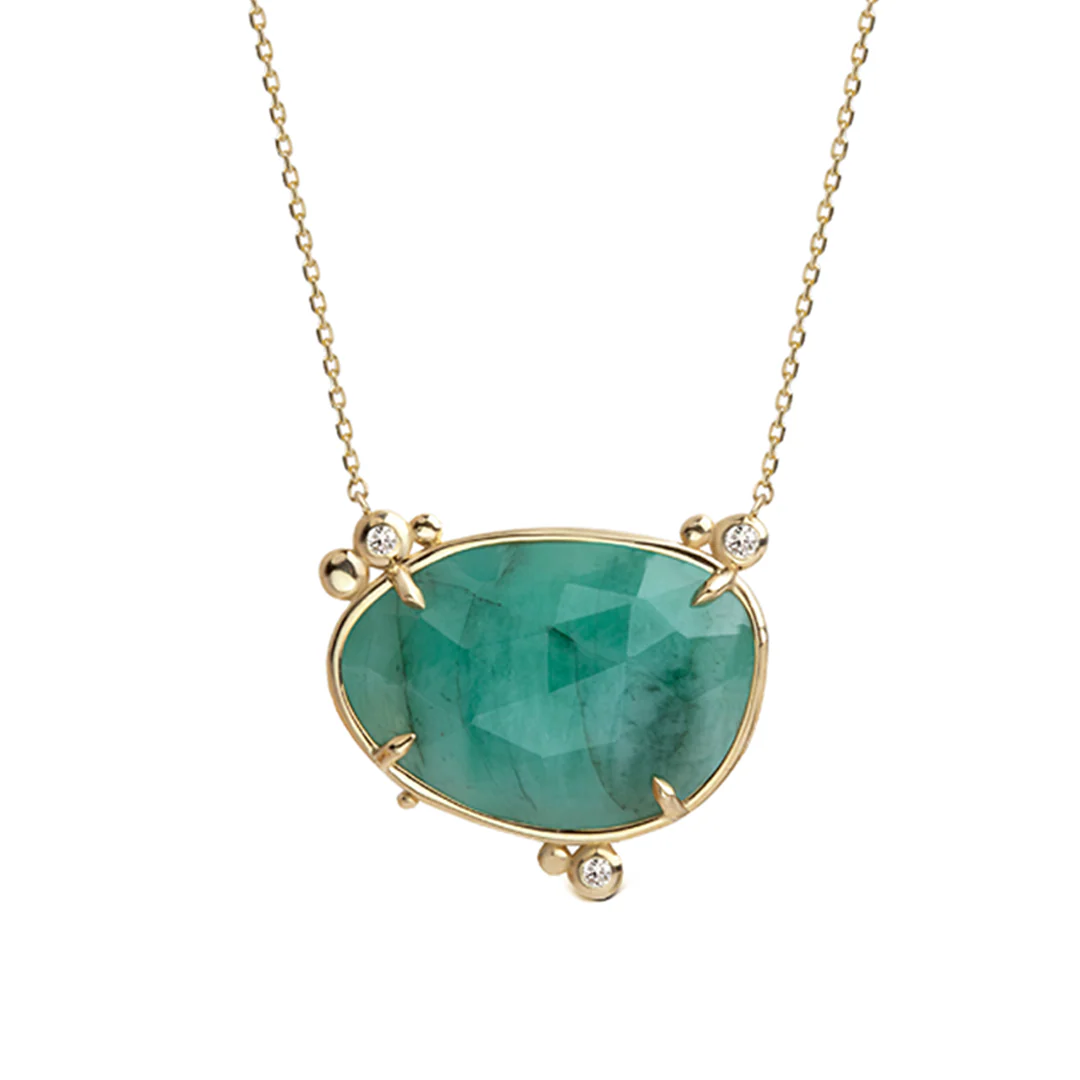 14K Gold Horizontal Emerald Necklace with 3 diamonds