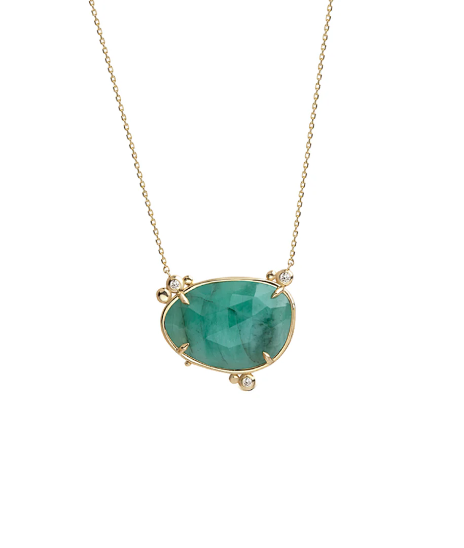 14K Gold Horizontal Emerald Necklace with 3 diamonds - Image 2