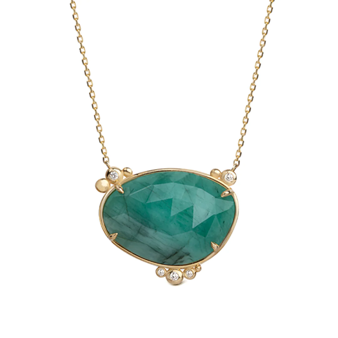 14K Gold Horizontal Emerald Necklace with 5 diamonds
