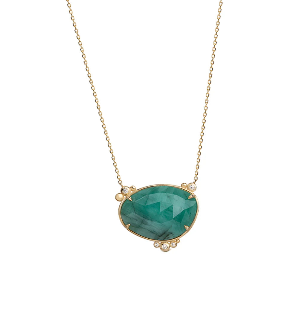 14K Gold Horizontal Emerald Necklace with 5 diamonds - Image 2