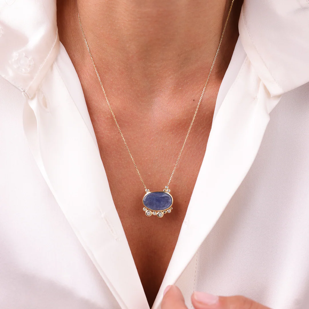 14K Gold Horizontal Kyanite Necklace with Diamonds - Image 3