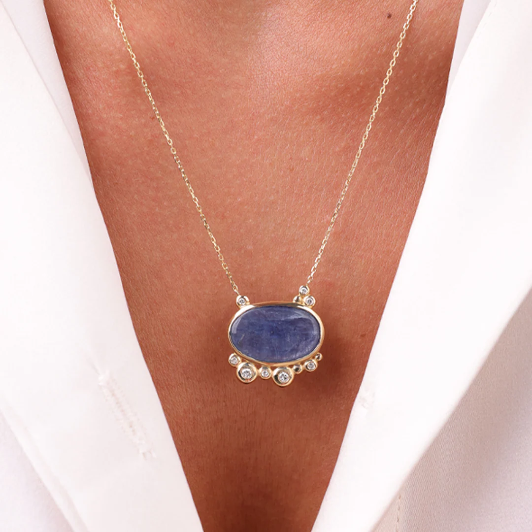 14K Gold Horizontal Kyanite Necklace with Diamonds - Image 4