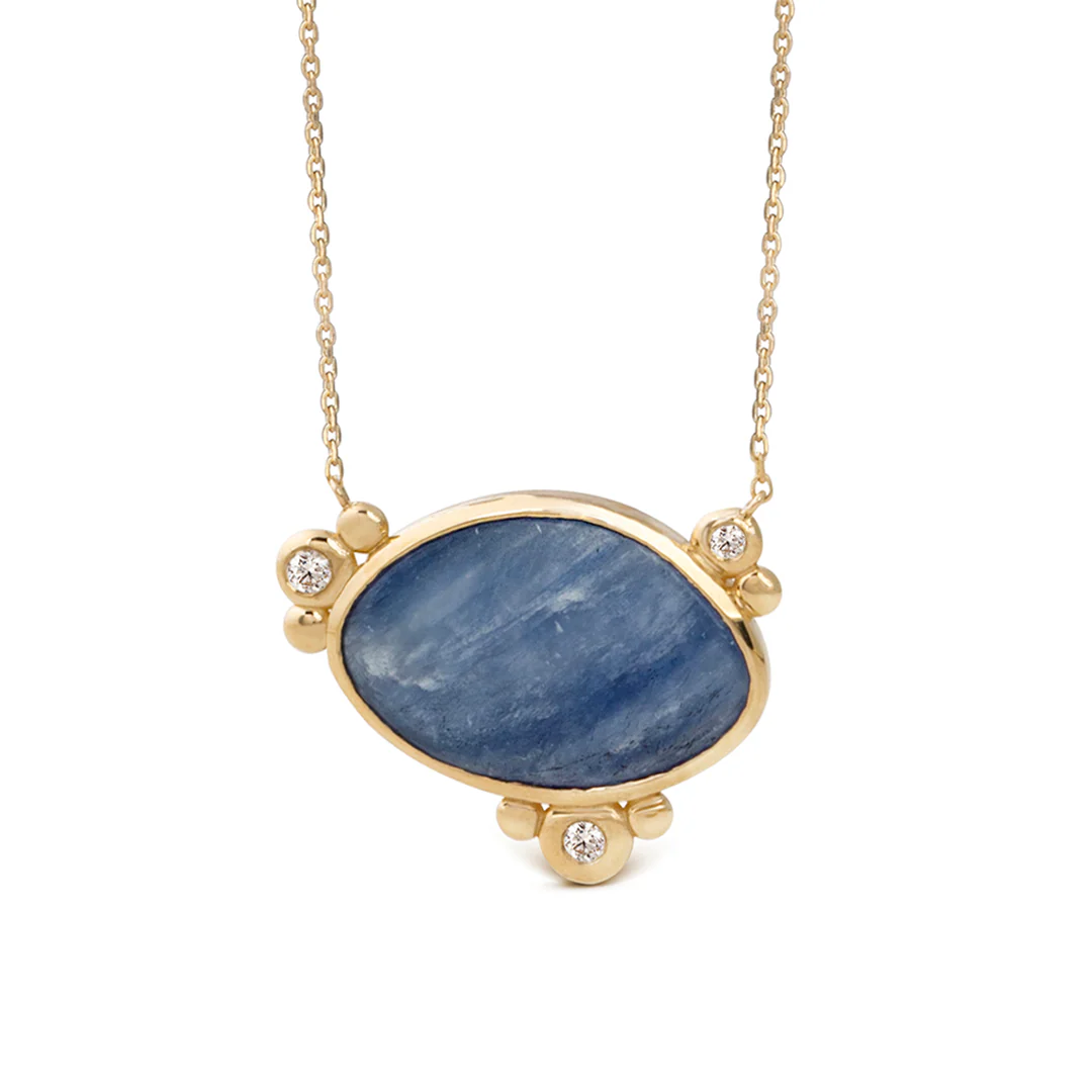 14K Gold Horizontal Oval Kyanite Necklace with 3 Diamonds