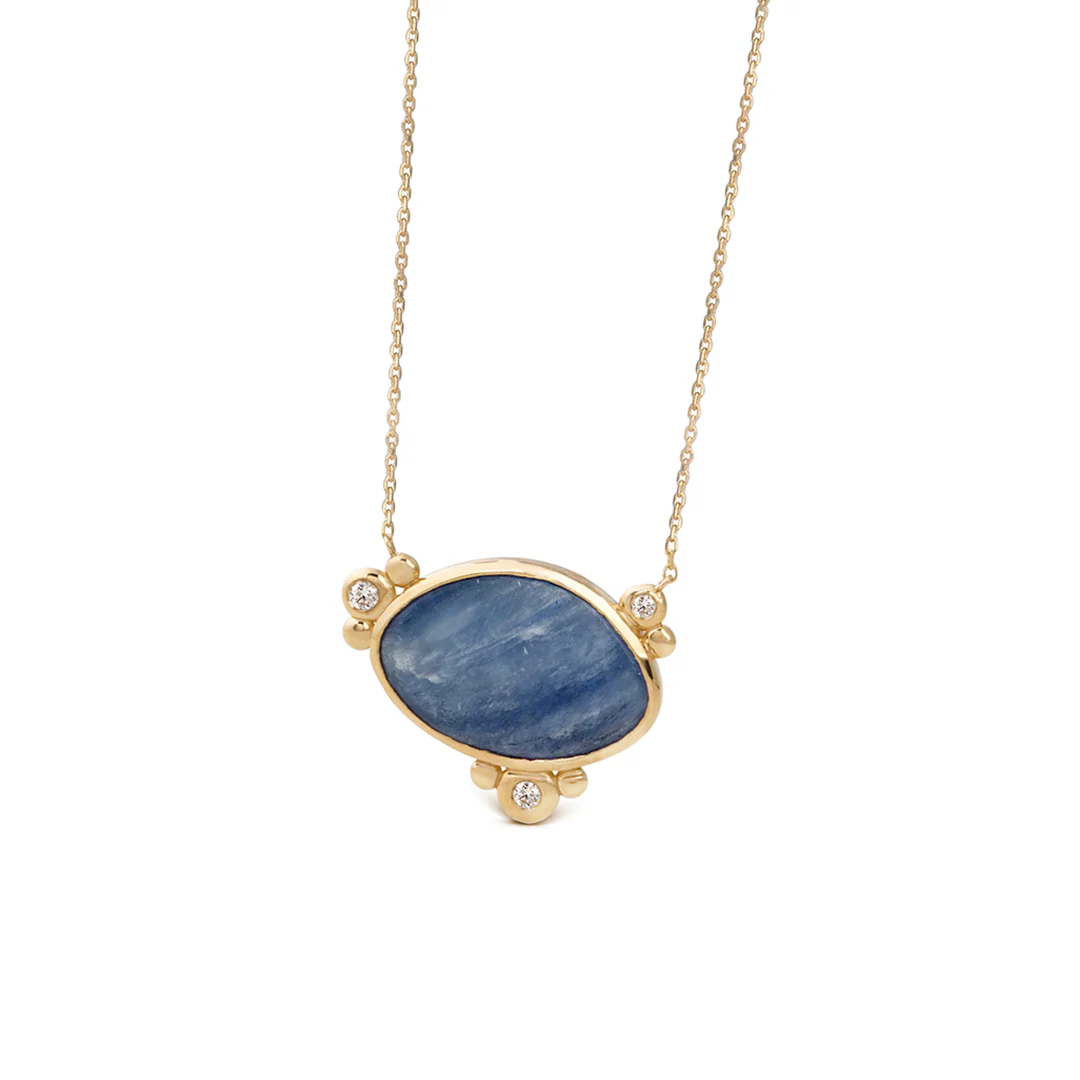 14K Gold Horizontal Oval Kyanite Necklace with 3 Diamonds - Image 4