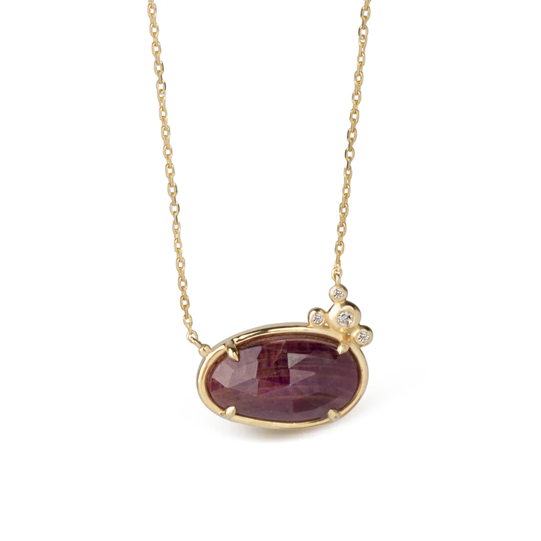 14K Gold Horizontal Ruby Necklace with 4 diamonds