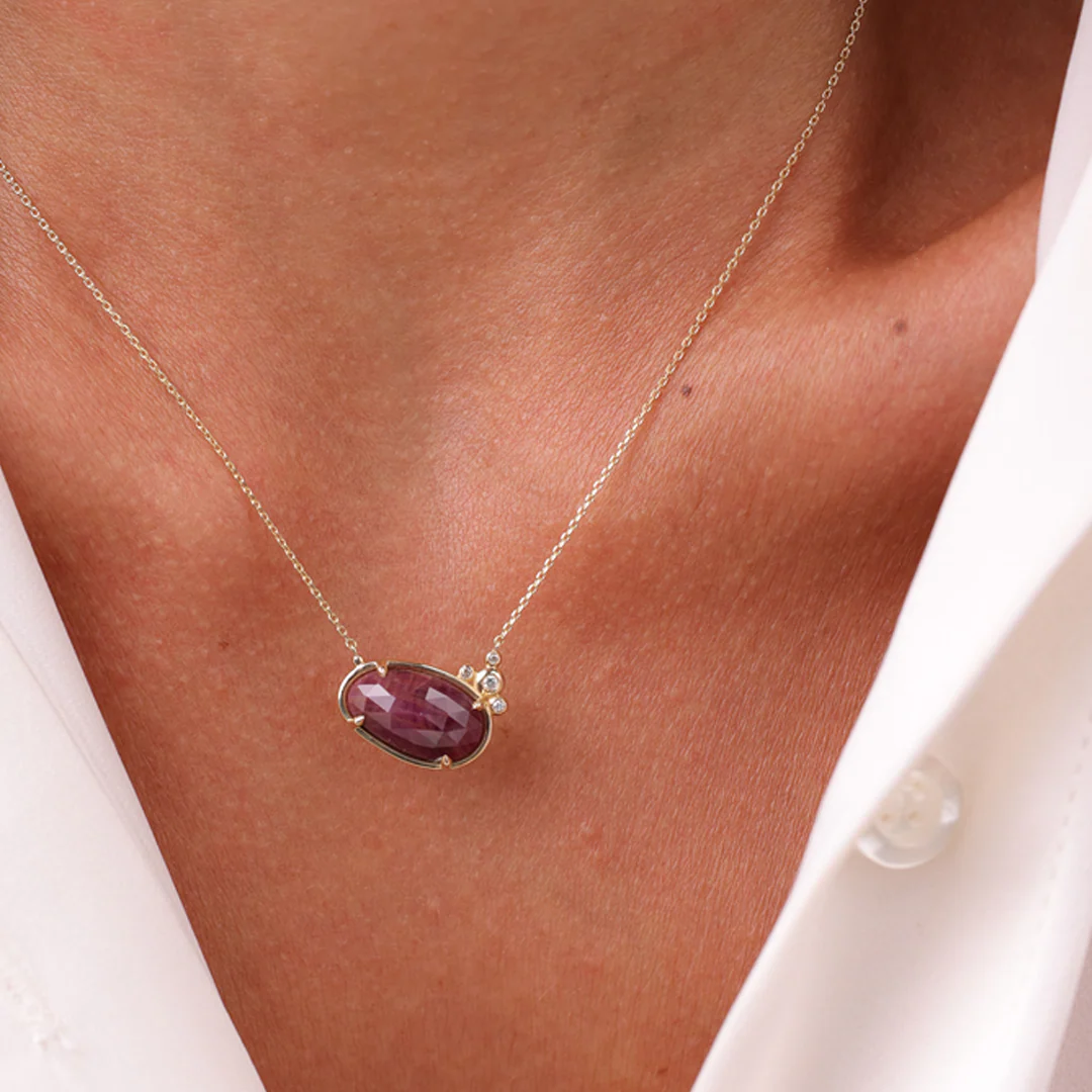 14K Gold Horizontal Ruby Necklace with 4 diamonds - Image 2