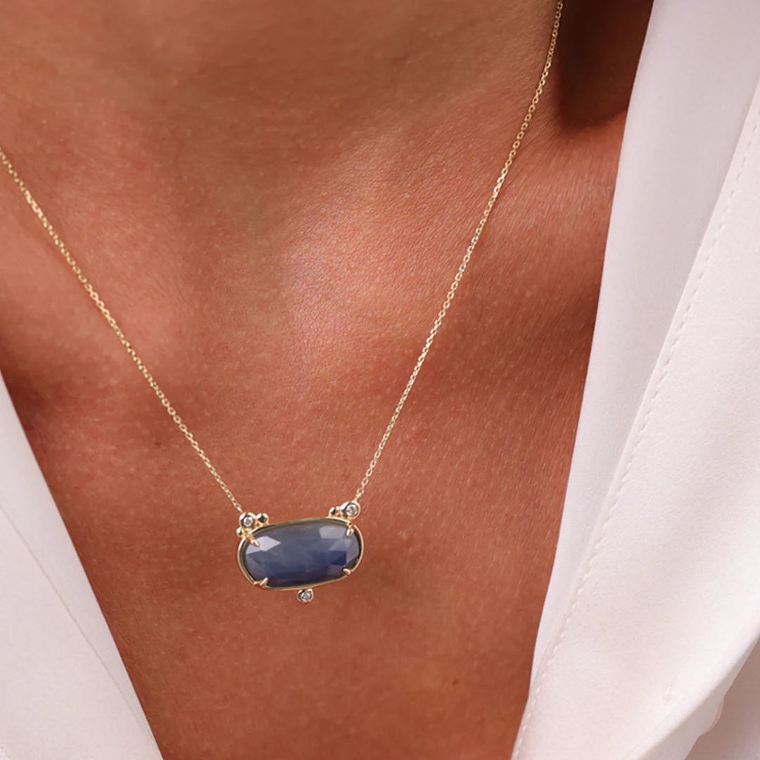 14K Gold Horizontal Sapphire Necklace with 3 diamonds - Image 2