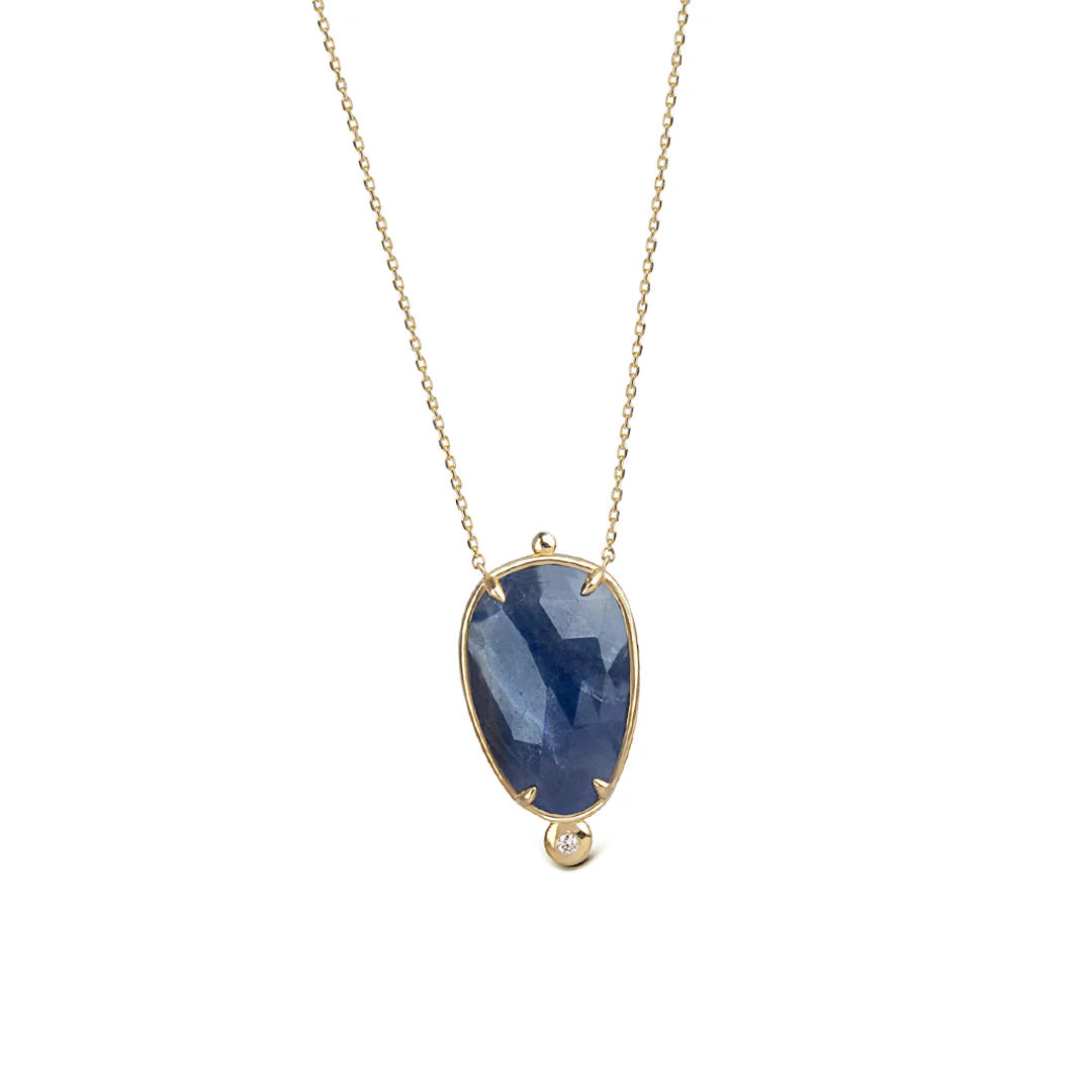 14K Gold Vertical Sapphire Necklace with a diamond - Image 3