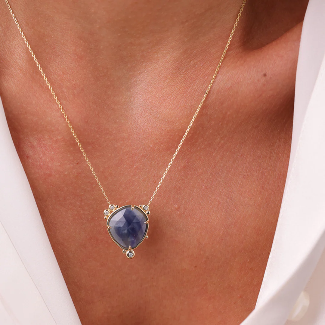 14K Gold Near-round Sapphire Necklace  with a diamond - Image 4