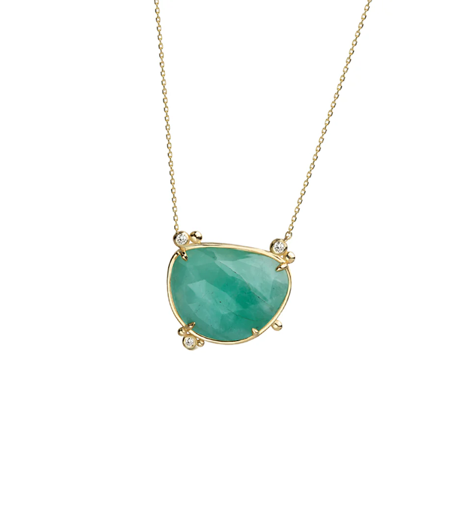 14K Gold Irregular Emerald Necklace  with 3 diamonds - Image 2