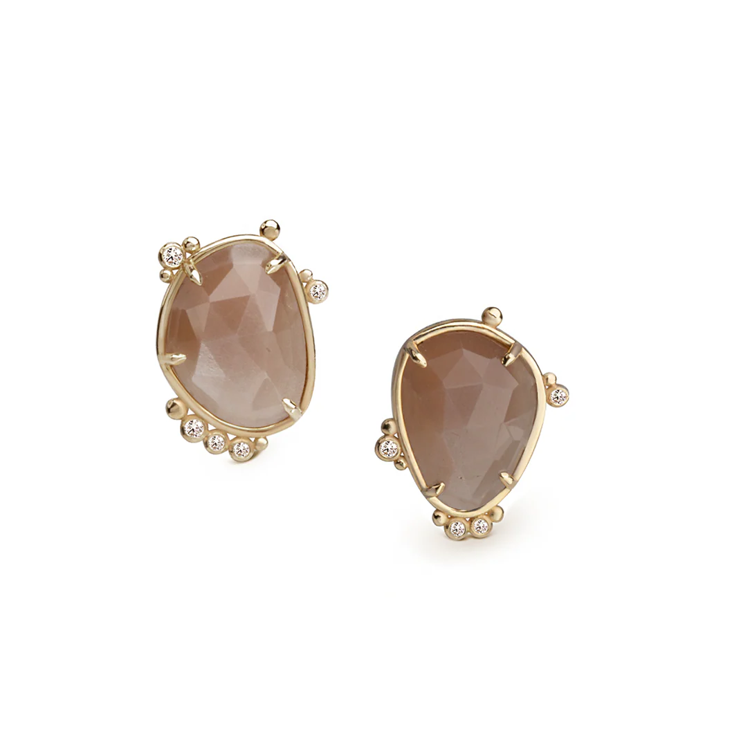 14K Gold Irregular Moonstone Earrings with Diamonds