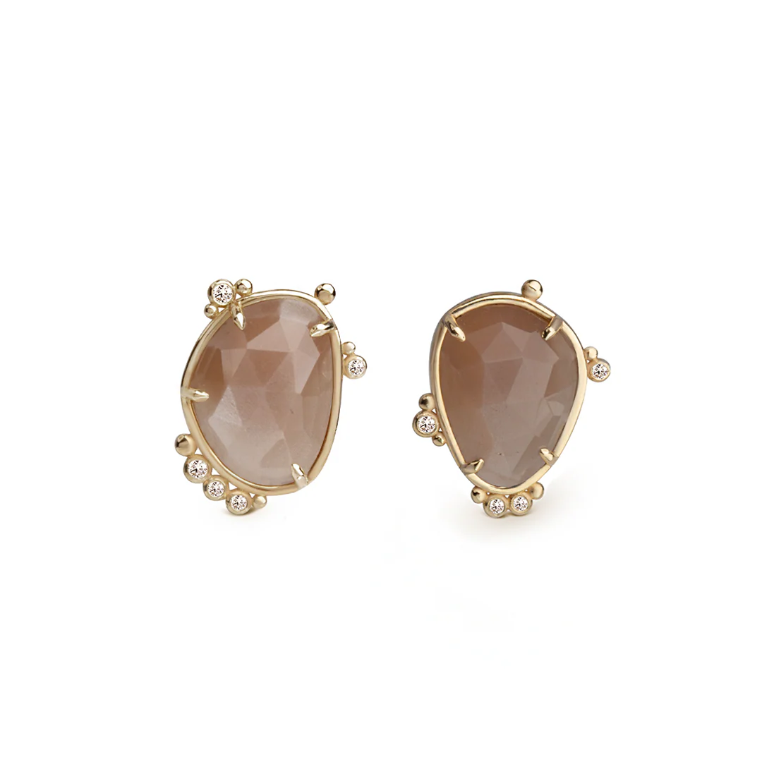 14K Gold Irregular Moonstone Earrings with Diamonds - Image 2