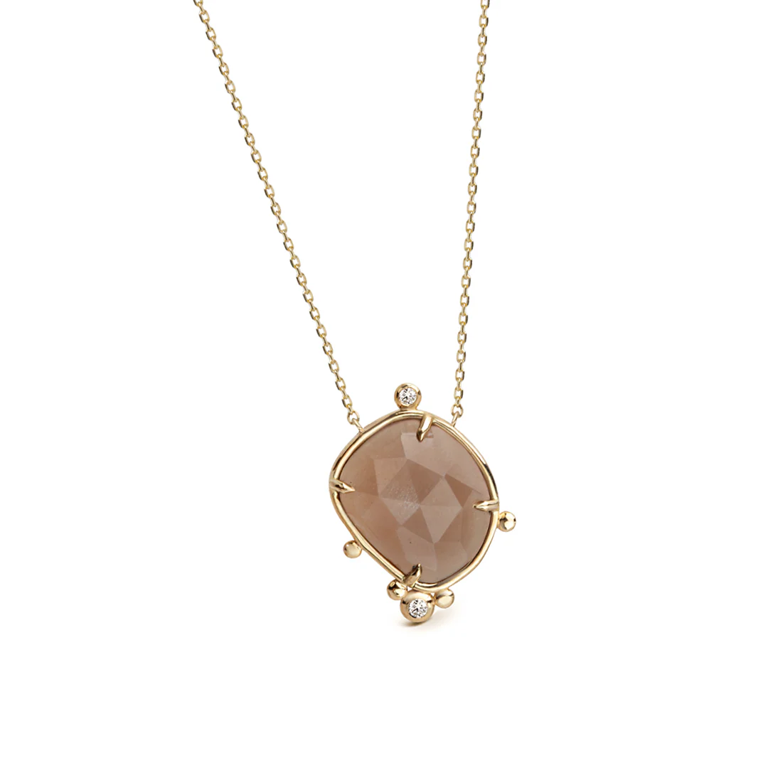 14K Gold Irregular Moonstone Necklace with 2 Diamonds - Image 2