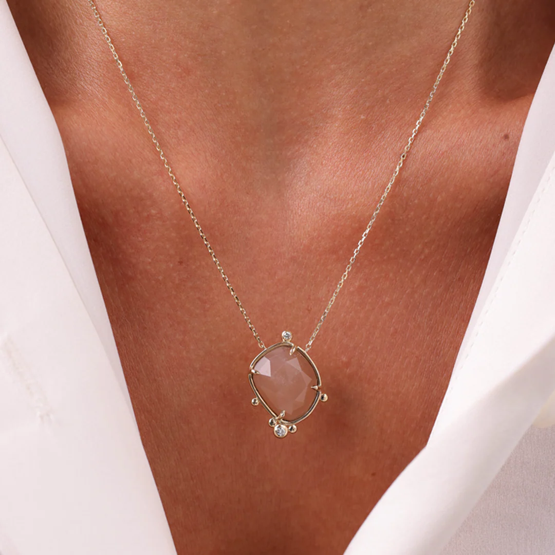 14K Gold Irregular Moonstone Necklace with 2 Diamonds - Image 4
