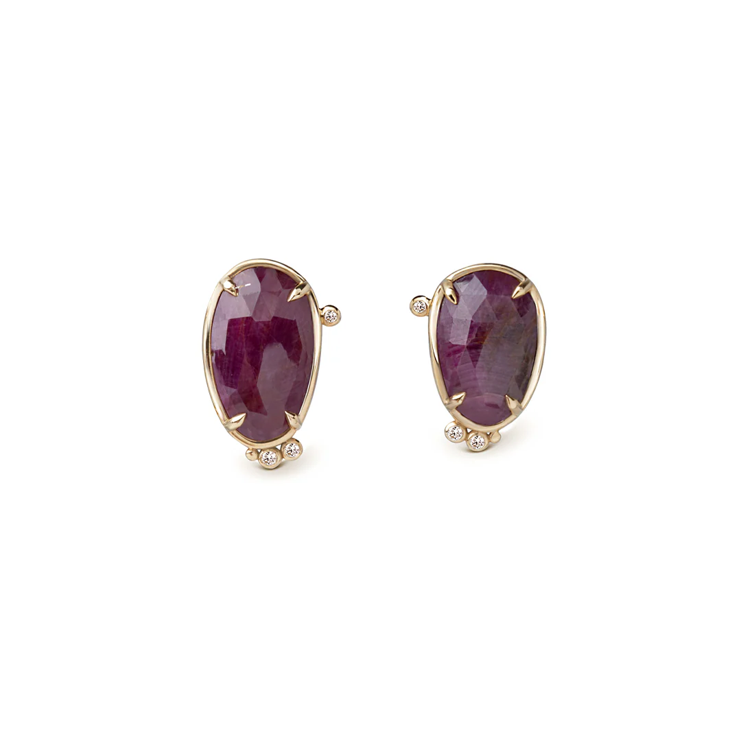 14K Gold irregular Ruby Earrings with Diamonds