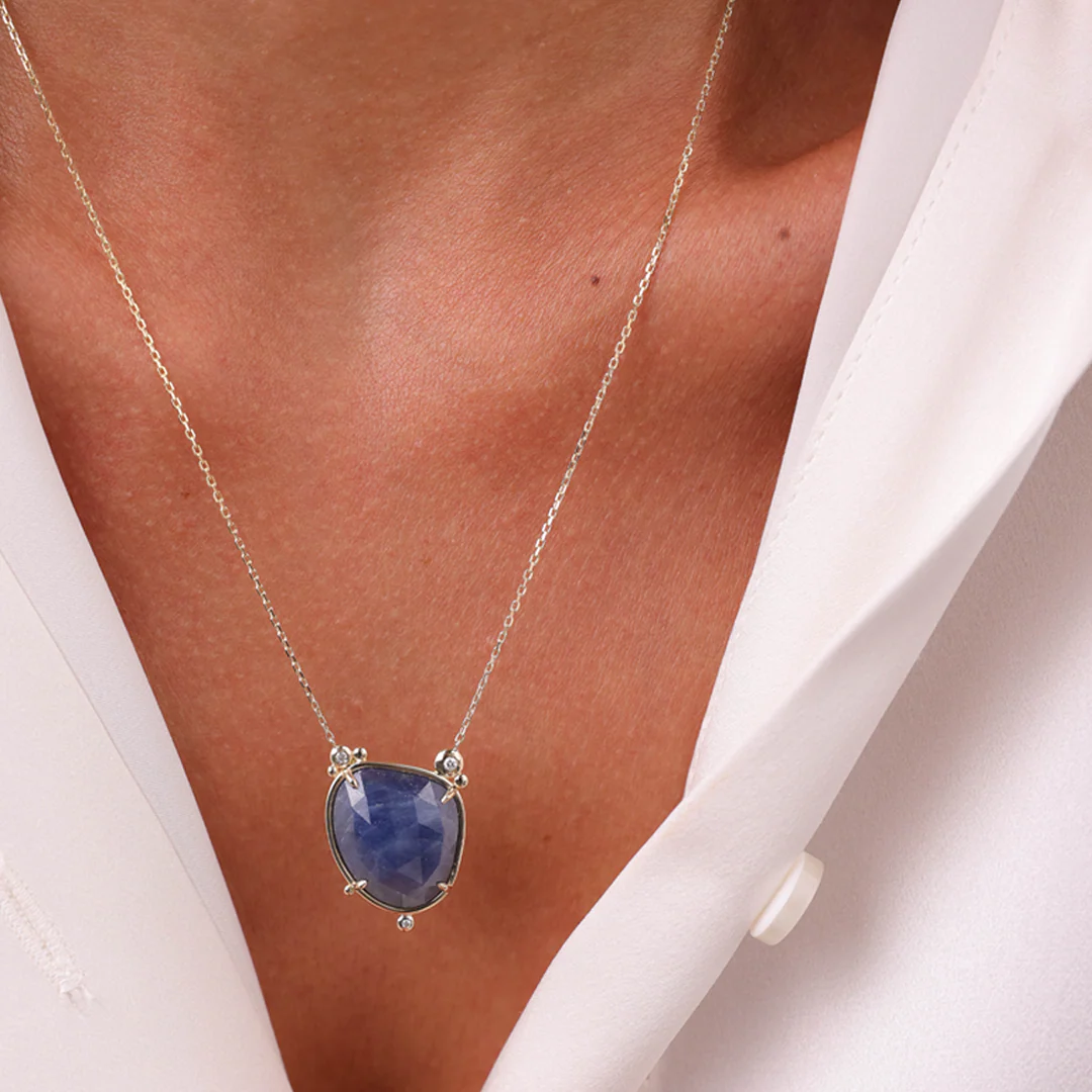 14K Gold Irregular Sapphire Necklace  with  3 diamonds - Image 4