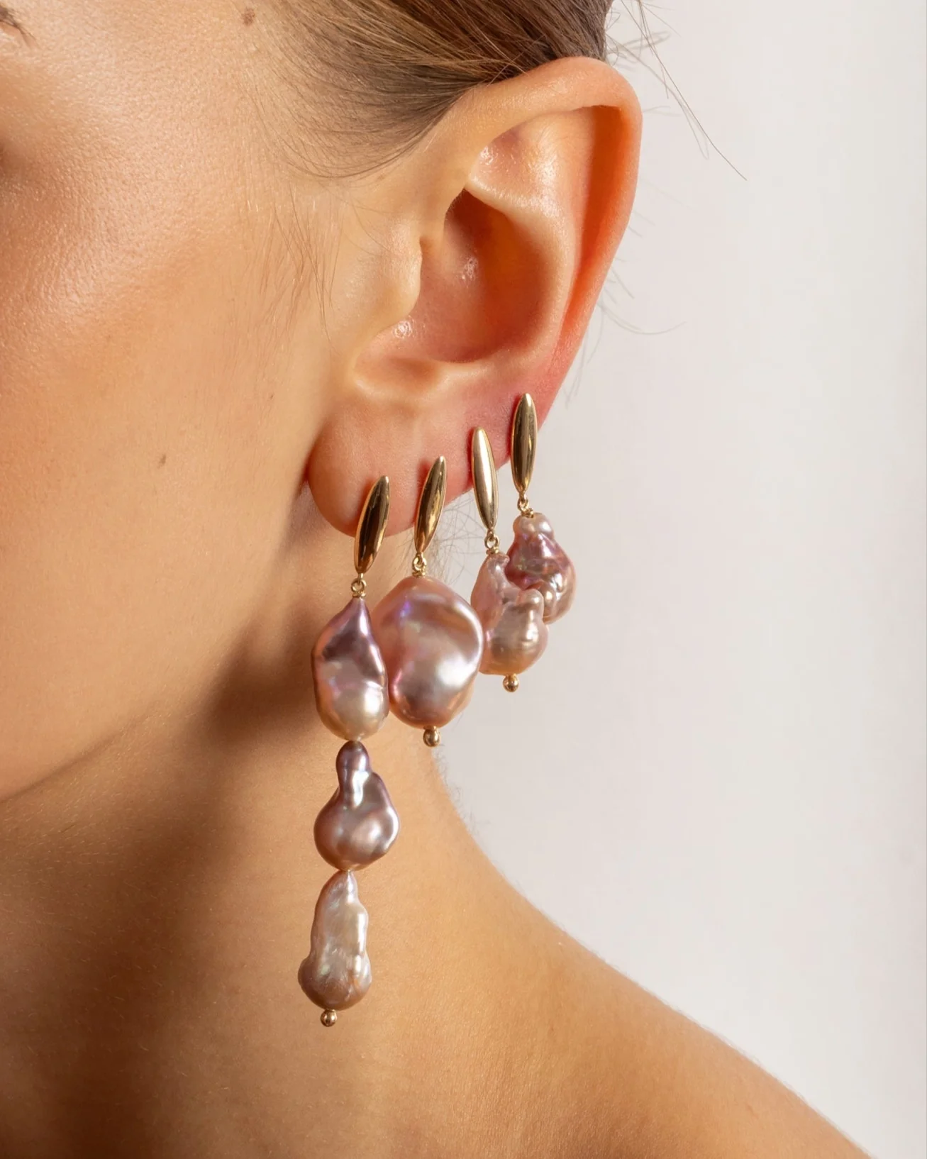 14K Gold Long Pink-Grey Baroque Pearl Earrings - Image 2