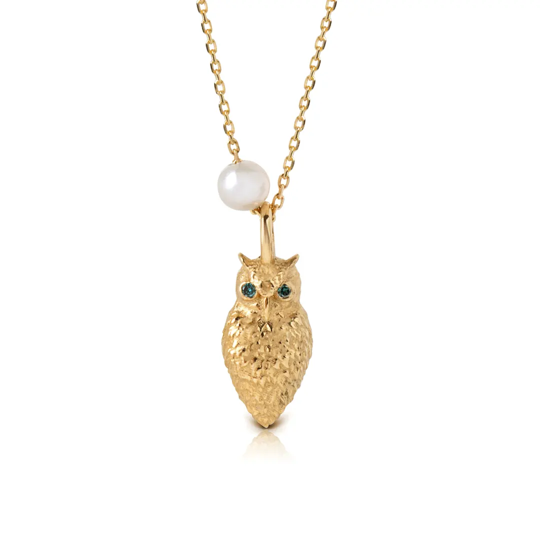 14K Gold Mini Owl Necklace with blue diamonds and a tiny pearl